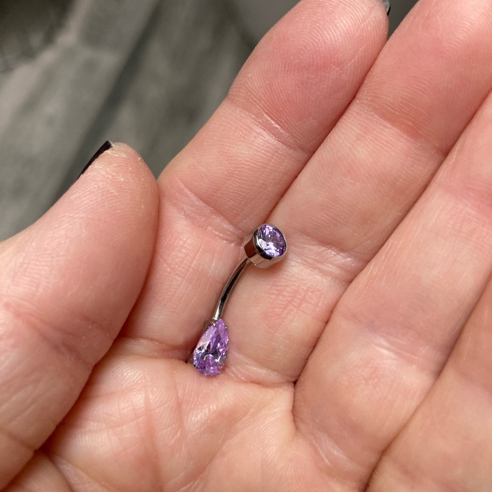 Anatometal Titanium Pear Lavender CZ Navel Curve with upgraded 6 mm topper